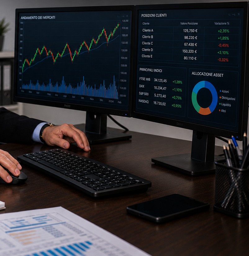 Due monitor con grafico a candele e tabella Posizioni clienti, mani in abito scuro su tastiera e scrivania di legno